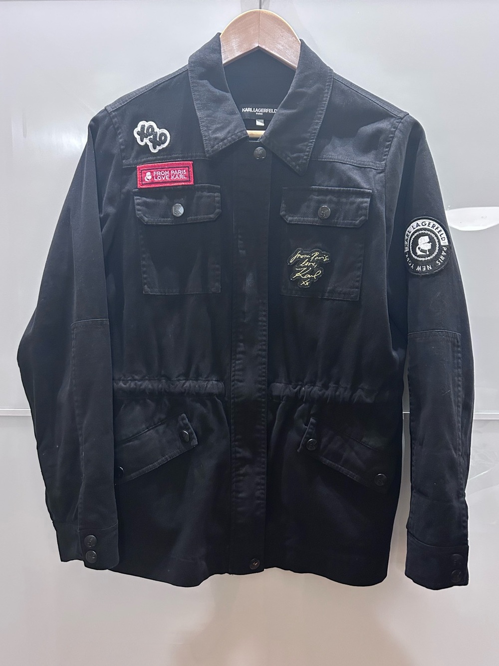 Karl Lagerfeld Black Jacket with Red 'From Paris Love Karl' Patch